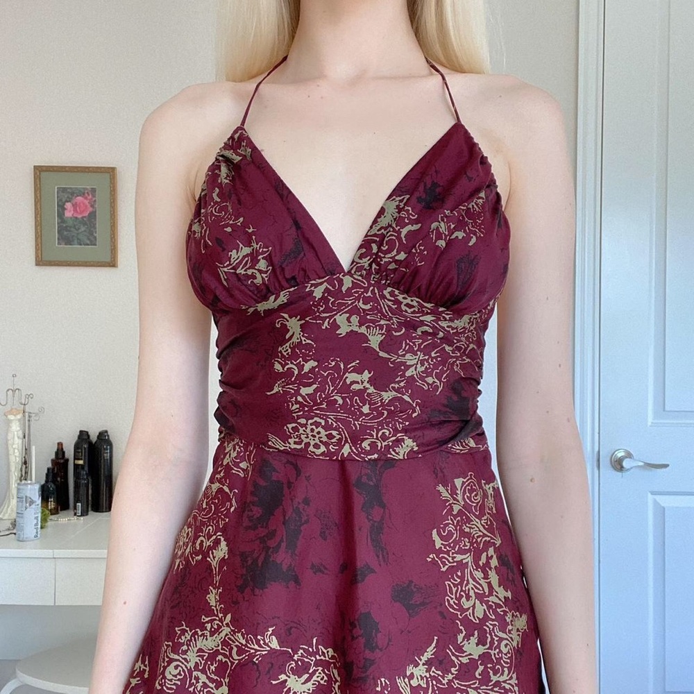 Silk Eggplant Purple and Cream Brocade Print Silk Halter Top.